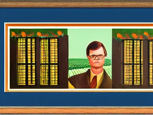 Prompt: grant wood mural of dwight schrute on his beet farm. dwight is wearing a yellow shirt and a brown striped tie