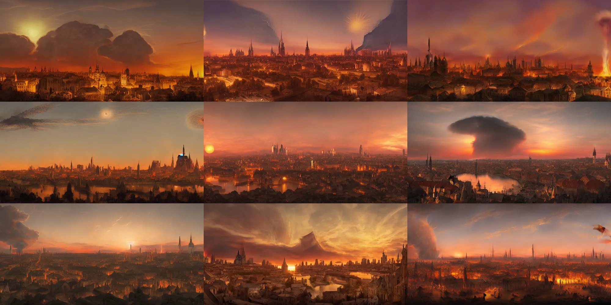 Prompt: highly quality renaissance era concept art of medieval Helsinki skyline at dusk with a large bright nuclear explosion with a mushroom cloud in the horizon, artstation trending,