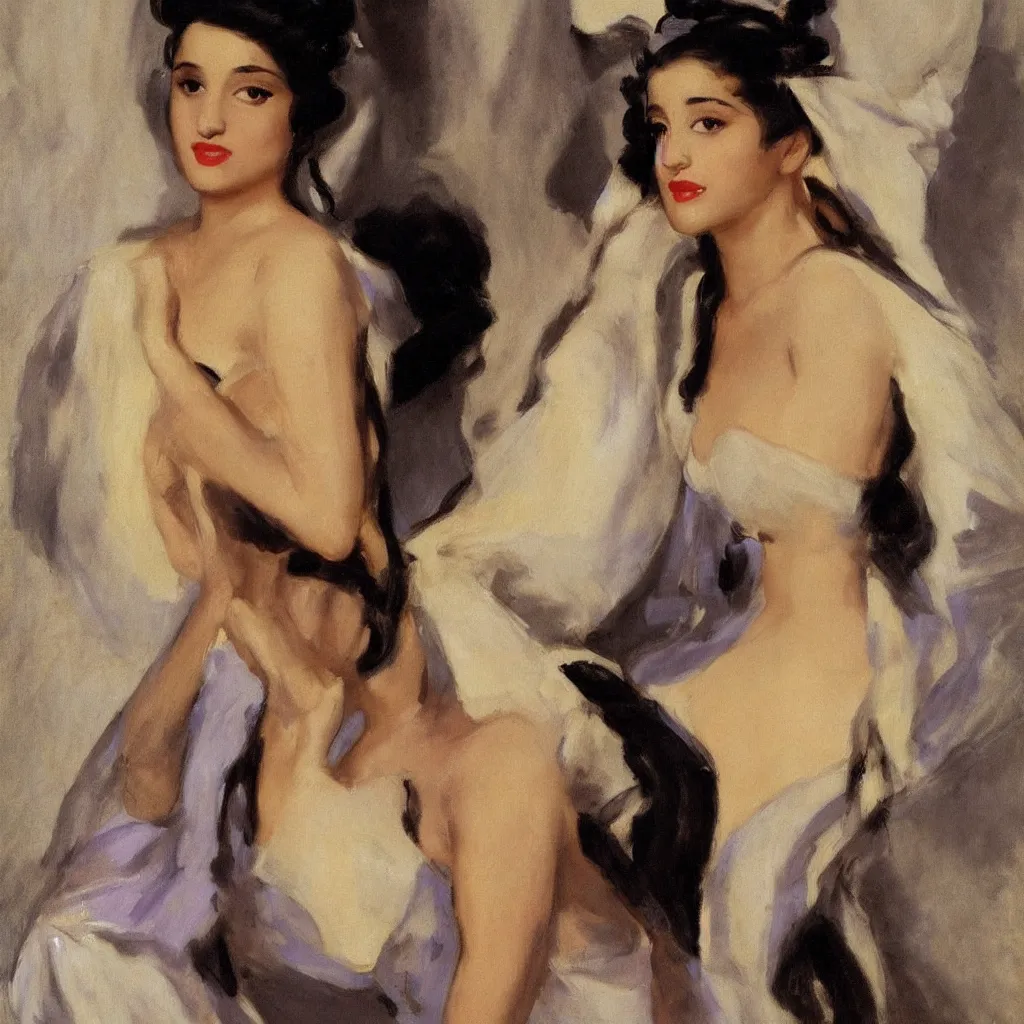 Image similar to sensual art deco portrait of ariana grande in a toga by john singer sargent