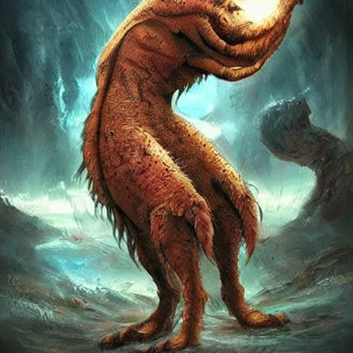Image similar to stunning concept art of a giant animal with 4 arms, it is the first of its kind. stunning masterpiece