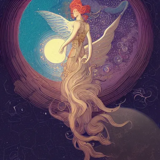 Image similar to an highly detailed illustration of an angel of the moon luna, in the heavens by victo ngai, peter mohrbacher digital art saturated colors