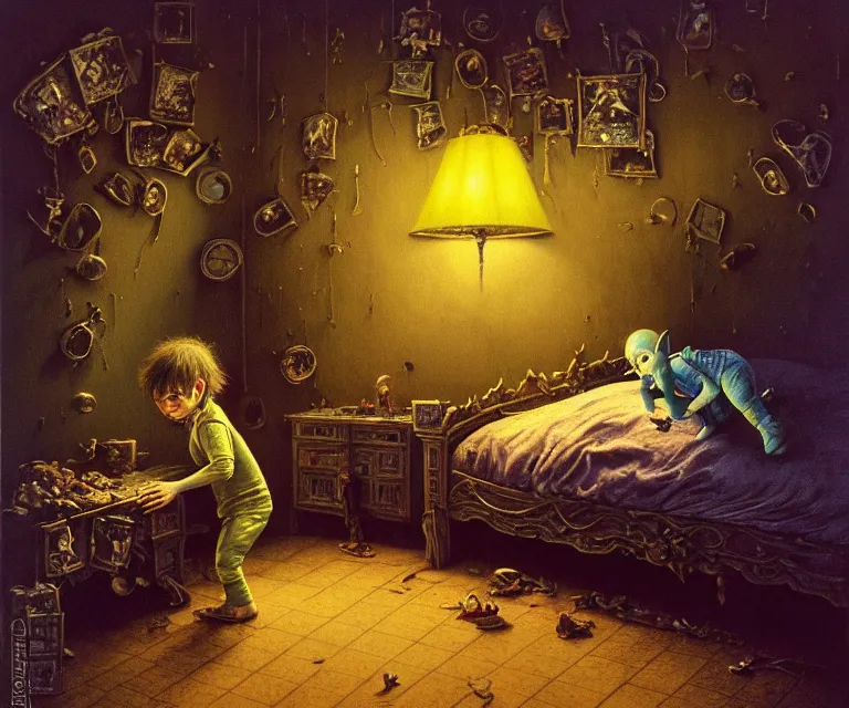 Prompt: realistic detailed image of a little boy looking under the *bed* in gory hotel room. small *elf is hiding* by the lamp on the shadowy dresser. Ayami Kojima, Karol Bak, Greg Hildebrandt, Neo-Gothic, gothic, rich deep colors. Part Beksinski painting, part by Adrian Ghenie and Gerhard Richter, 8k masterpiece