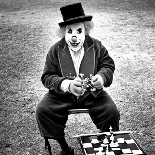 Image similar to portrait photo of a clown playing chess in a park by annie liebovitz,