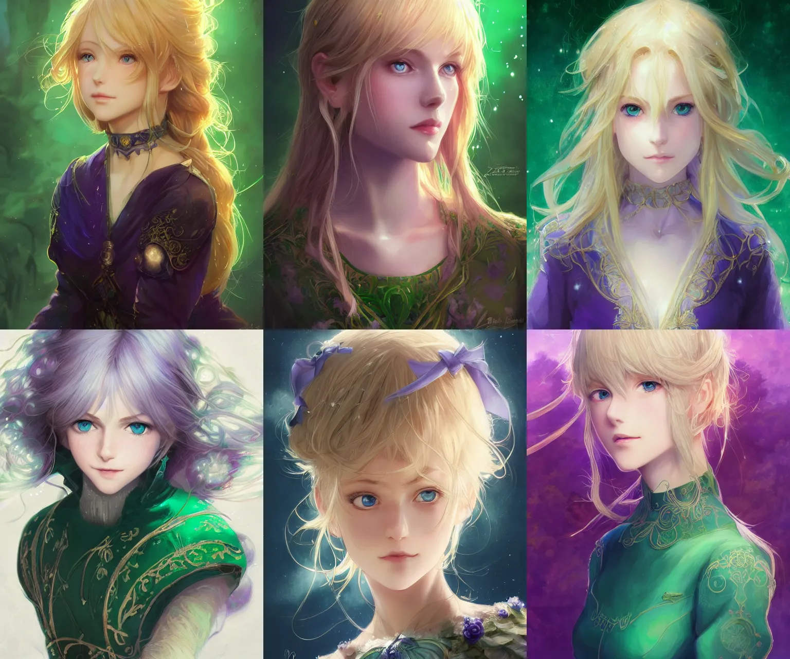 Prompt: portrait of a beautiful cute blonde violet evergarden with big blue eyes, emerald green glowing broch on her neck, fantasy, intricate, elegant, highly detailed, digital painting, artstation, concept art, smooth, sharp focus, illustration, art by artgerm and greg rutkowski and rossdraws