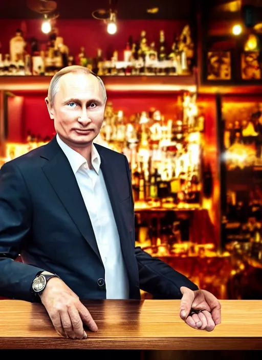 Image similar to a professional photo of person looking like vladimir putin sitting on bar, hand on table, wear watches looking like rolex watches, taken in night club, blur background