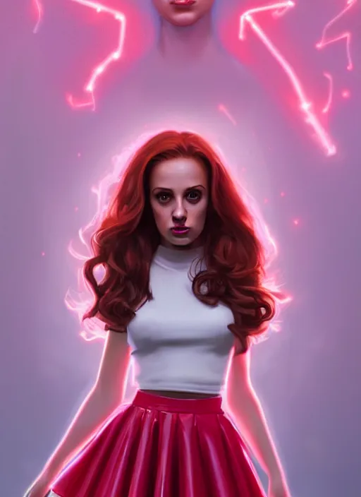 Image similar to full body portrait of teenage cheryl blossom, bangs, green eyes, sultry expression, red hair, sultry smirk, bangs and wavy hair, pink skirt, intricate, elegant, glowing lights, highly detailed, digital painting, artstation, concept art, smooth, sharp focus, illustration, art by wlop, mars ravelo and greg rutkowski