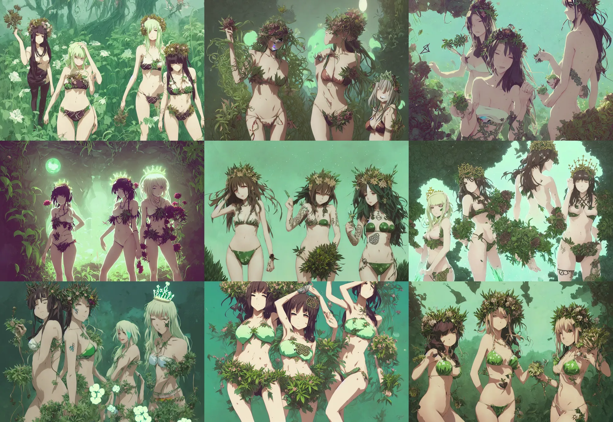 Prompt: two anime girls with crown of flowers in plants bikini covered with celtic rune tattoos, fantasy, by atey ghailan, by greg rutkowski, by greg tocchini, by james gilleard, by joe gb fenton, by in kaethe butcher, dynamic lighting, gradient light green, brown, blonde cream and white color in scheme, grunge aesthetic