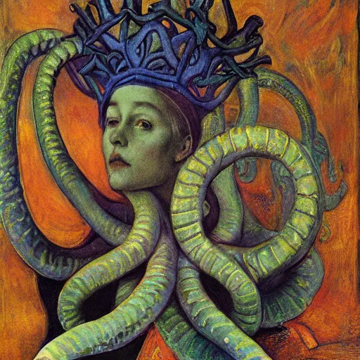 Image similar to the tentacle crown,by Annie Swynnerton and Diego Rivera, symbolist, dramatic lighting, elaborate geometric ornament, Art Brut, bioluminescent, soft blues and greens,smooth, sharp focus, extremely detailed, Adolf Wölfli