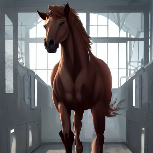 Image similar to splash art of an enormously muscular male anthro horse in a research facility wearing a skintight body armor, long white mane, furaffinity, anthro art, 8 k, unreal engine, by greg rutkowski, makoto shinkai, lois van baarle, ilya kuvshinov, tom bagshaw