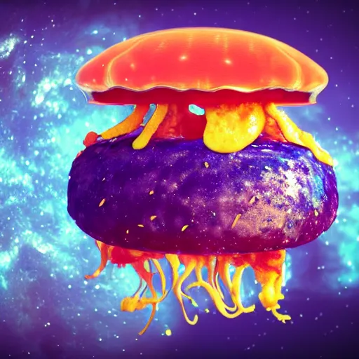 Image similar to A jellyfish like burger, its translucent wraps the nebula in the depths of space. Ultra clear material. 3D concept art. octane render. cinematic lighting, intricate details.