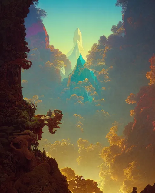 Image similar to magical morning in shangri - la, coherent design, symmetrical, concept art, vivid color, complementary color, golden ratio, detailed, sharp lines, intricate, rainbowshift, by maxfield parrish, by peter mohrbacher, by gustave dore, by alphonse mucha, deviantart, octane render