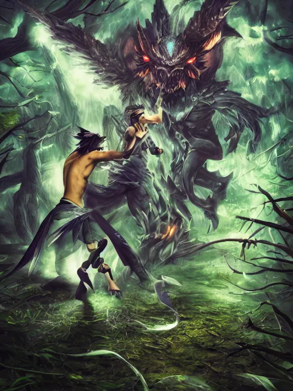 Prompt: magician fighting a final fantasy monster in a forest, fantasy, magical lights, detail,
