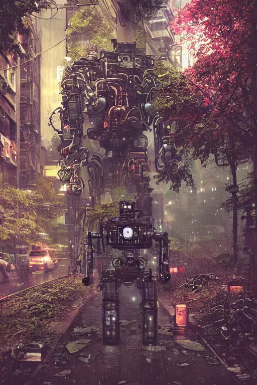 Image similar to vintage autochrome photo of ancient overgrown cyberpunk tokyo with robot by marc simonetti, night, rain, flowers, beautifully lit, hyperdetailed, unreal engine, photorealistic