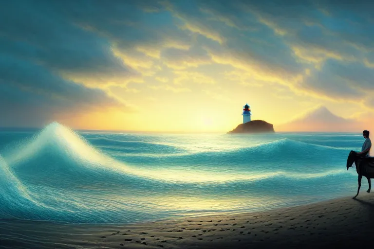 Image similar to photo of man riding a horse along the beach, glowing underwater waves toward a lighthouse in the distance guiding his way, silhouette, wide horizon, large white clouds, night, intricate, elegant, highly detailed, digital painting, artstation, concept art, smooth, sharp focus, illustration, art by artgerm and greg rutkowski and fra angelico