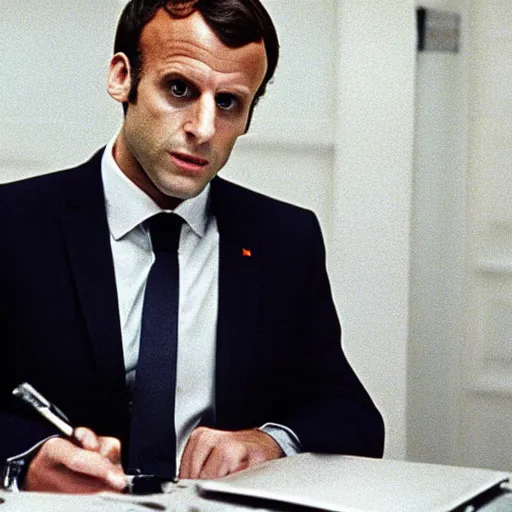 Image similar to Emmanuel Macron computering in American Psycho (1999)