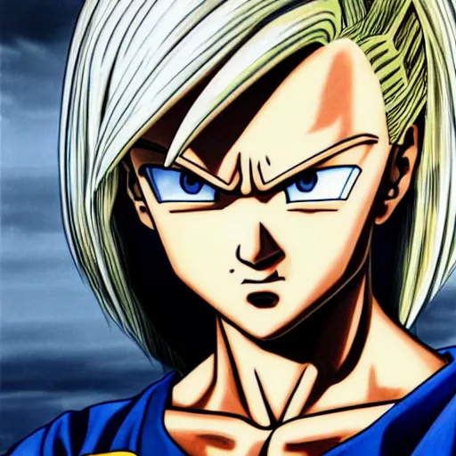 Image similar to ultra realistic portrait painting of android 1 8, art by akira toriyama, 4 k, dragon ball artstyle, cel shaded, highly detailed, epic lighting