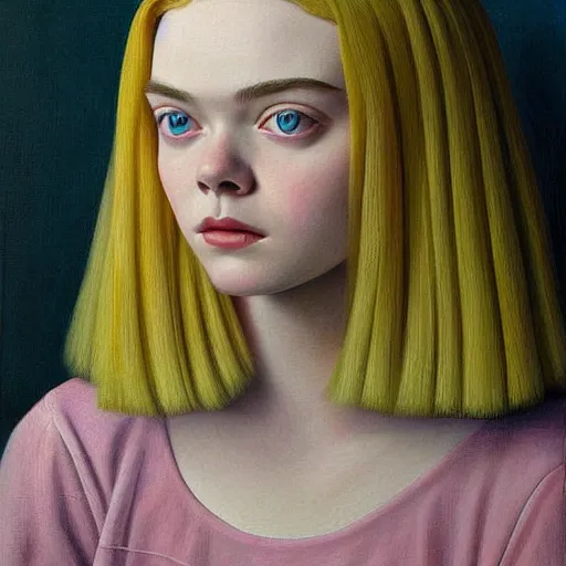 Image similar to a striking hyper real painting of Elle Fanning by Grant Wood