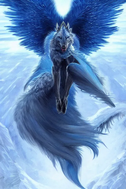 Image similar to blue wolf with wings, facing front, regal, elegant, winter, snow, beautiful, stunning, hd, illustration, epic, d & d, fantasy, intricate, elegant, highly detailed, digital painting, artstation, concept art, smooth, sharp focus, illustration, wallpaper, art by artgerm and greg rutkowski and alphonse mucha and jin xiaodi