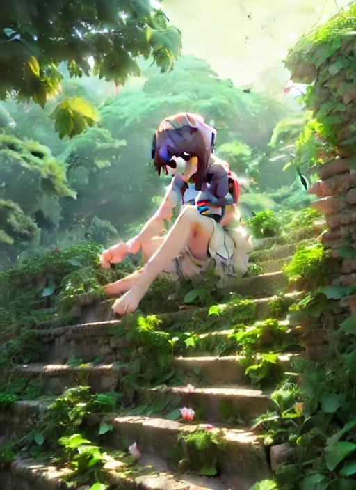 Image similar to girl sitting on a stone stair under a vine rack, many green plant and flower gowing on it, illustration concept art anime key visual trending pixiv fanbox by wlop and greg rutkowski and makoto shinkai and studio ghibli