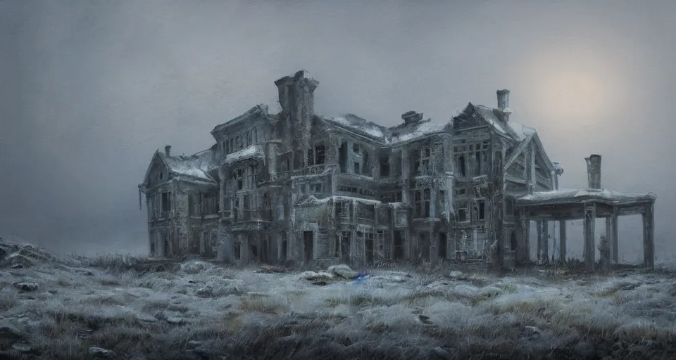 Prompt: landscape painting of a creepy decrepit mansion in the middle of a desolate tundra, post apocalyptic, at dusk, hazy atmosphere, everything is cold and frozen, dramatic lighting
