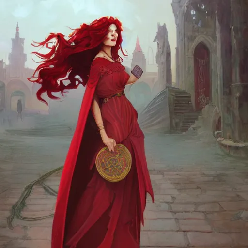 Prompt: a female sorcerer with curly red hair wearing a red dress and a red cloak exploring a colorful north - african coastal city, fantasy, highly detailed, digital painting, artstation, concept art, character art, art by greg rutkowski and tyler jacobson and alphonse mucha