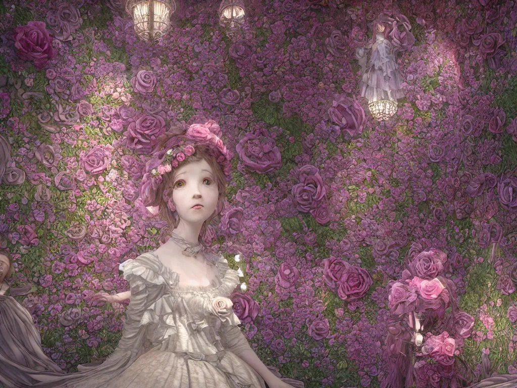 Image similar to the beautiful hyperdetailed physical rendering of rose flower wedding gothic lolita dress clothing design display in stay in bloom,, perfectly shaded, atmospheric lighting, in the style of louis comfort tiffany, makoto shinkai, raphael lacoste louis comfort tiffany, artgerm, karol bak, james jean, ross tran, 8 k hd, fine texture structure, 3 drender,