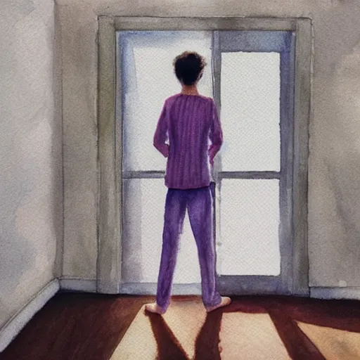 Image similar to person in pyjamas standing near window, sun rays, daylight, big french door window, big spatious room, 2 4 mm, wooden floor, modern, pastel palette, winter sun, photorealistic, high ceiling, watercolor painting