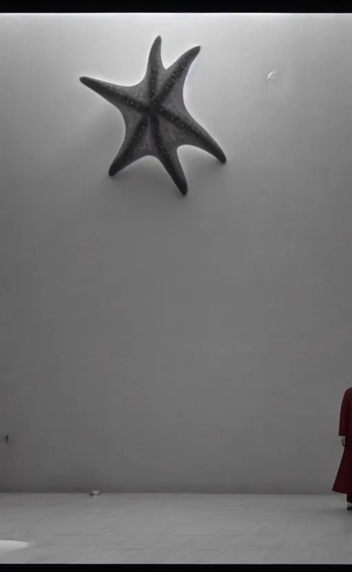 Image similar to light coming out of one starfish - like kaiju anthropomorphic monster, korean film noir by kim jong - il, korean traditional palace, pyongyang city, 1 9 6 0 s, red color bleed, 4 k, video compression, video glitch, monochrome, akira kurosawa, mamoru oshii, wes anderson, stanley kubrick