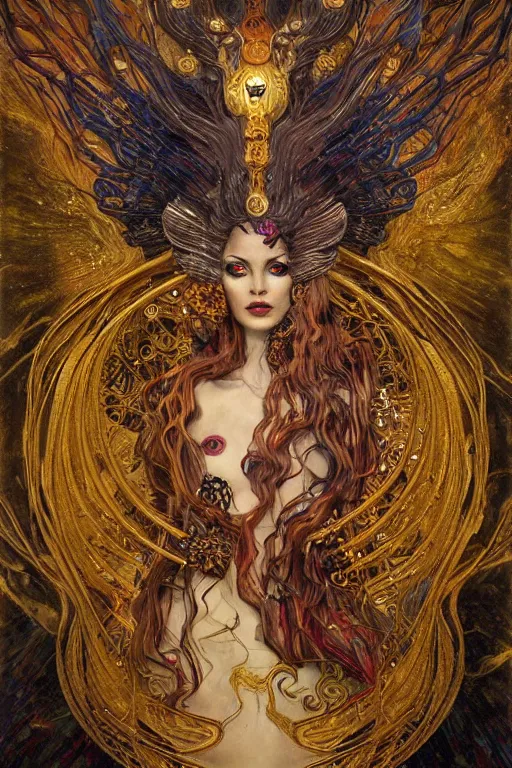 Image similar to Intermittent Chance of Chaos Muse by Karol Bak, Jean Deville, Gustav Klimt, and Vincent Van Gogh, trickster goddess, enigma, Loki's Pet Project, destiny, Poe's Angel, fate, Surreality, inspiration, muse, otherworldly, fractal structures, arcane, ornate gilded medieval icon, third eye, spirals