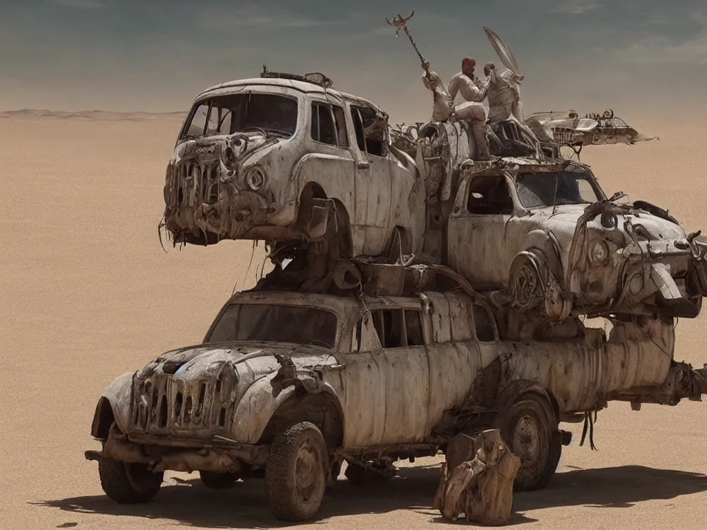 Prompt: popemobile in mad max: fury road (2016) photorealistic 8k promotional photo shot