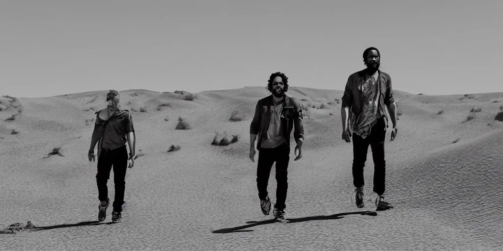 Prompt: Paul Rudd and Kendrick Lamar walking through a desert, Dune like atmosphere, Dune like clothing, black and white drawing, comic book