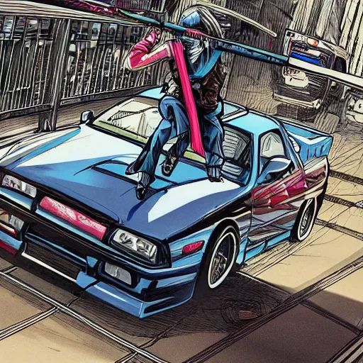 Image similar to beautiful hyper-detailed illustration of a ninja warrior with a sword, driving through the city, in a modified Nissan skyline r34