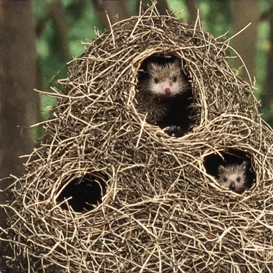 Prompt: a still from a vhs video, of a hedgehog sitting in a birds nest, in a tree