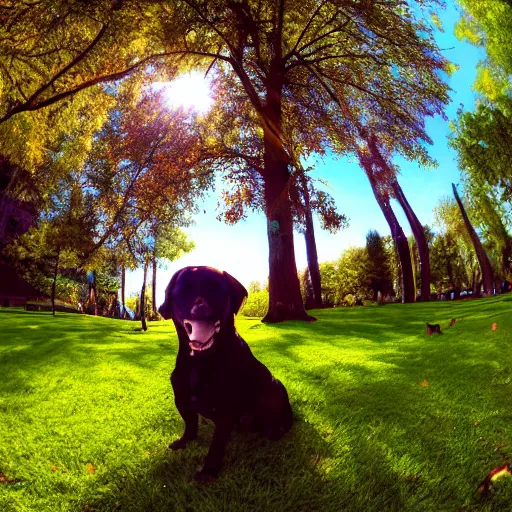 Image similar to Selfie of a dog sitting in a beautifully vivid park, while the sun shines brightly on the fur of the dog, subsurface scattering, first-person view, fisheye!!!!!! lens, photorealistic imagery, trending on artstation, 4k, 8k