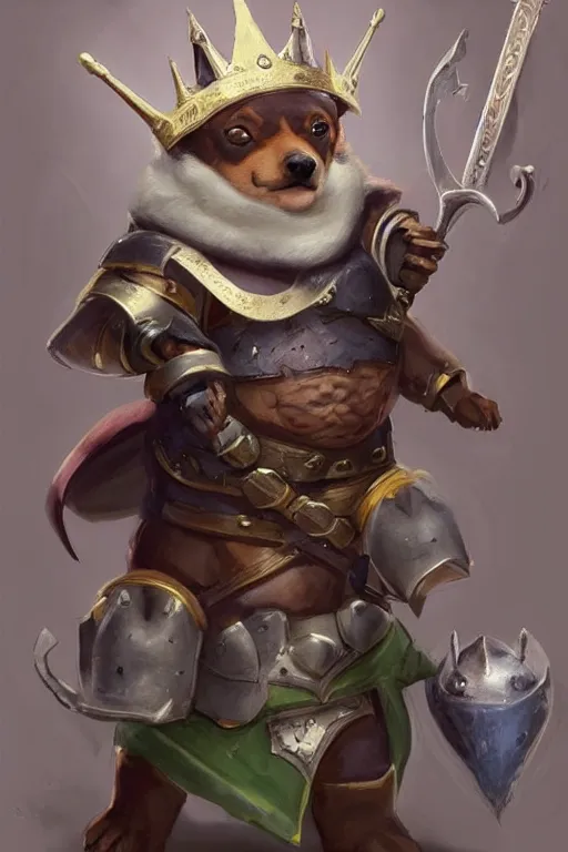 Prompt: cute anthropomorphic fat Pinscher knight wearing a cape and a crown, tiny, small, miniature bear, baby animal, short, pale blue armor, cute and adorable, pretty, beautiful, DnD character art portrait, matte fantasy painting, DeviantArt Artstation, by Jason Felix by Steve Argyle by Tyler Jacobson by Peter Mohrbacher, cinematic lighting