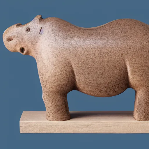 Prompt: a zoomed out studio product shot of a minimalist carved hippopotamus, carved from a glued block of 5 0 % cherry wood and 5 0 % blue resin, in profile, like a catalog photograph, mostly wood, with a smooth featureless minimalist look