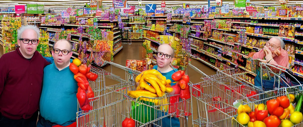 Prompt: award winning photo of a meeting of todd solondz and a friend at a supermarket, vivid colors, happy, symmetrical face, beautiful eyes, studio lighting, wide shot art by sally mann & arnold newman, francis bacon, ewa juszkiewicz, jenny saville, yayoi kusama, ai weiwei and gregory crewdson