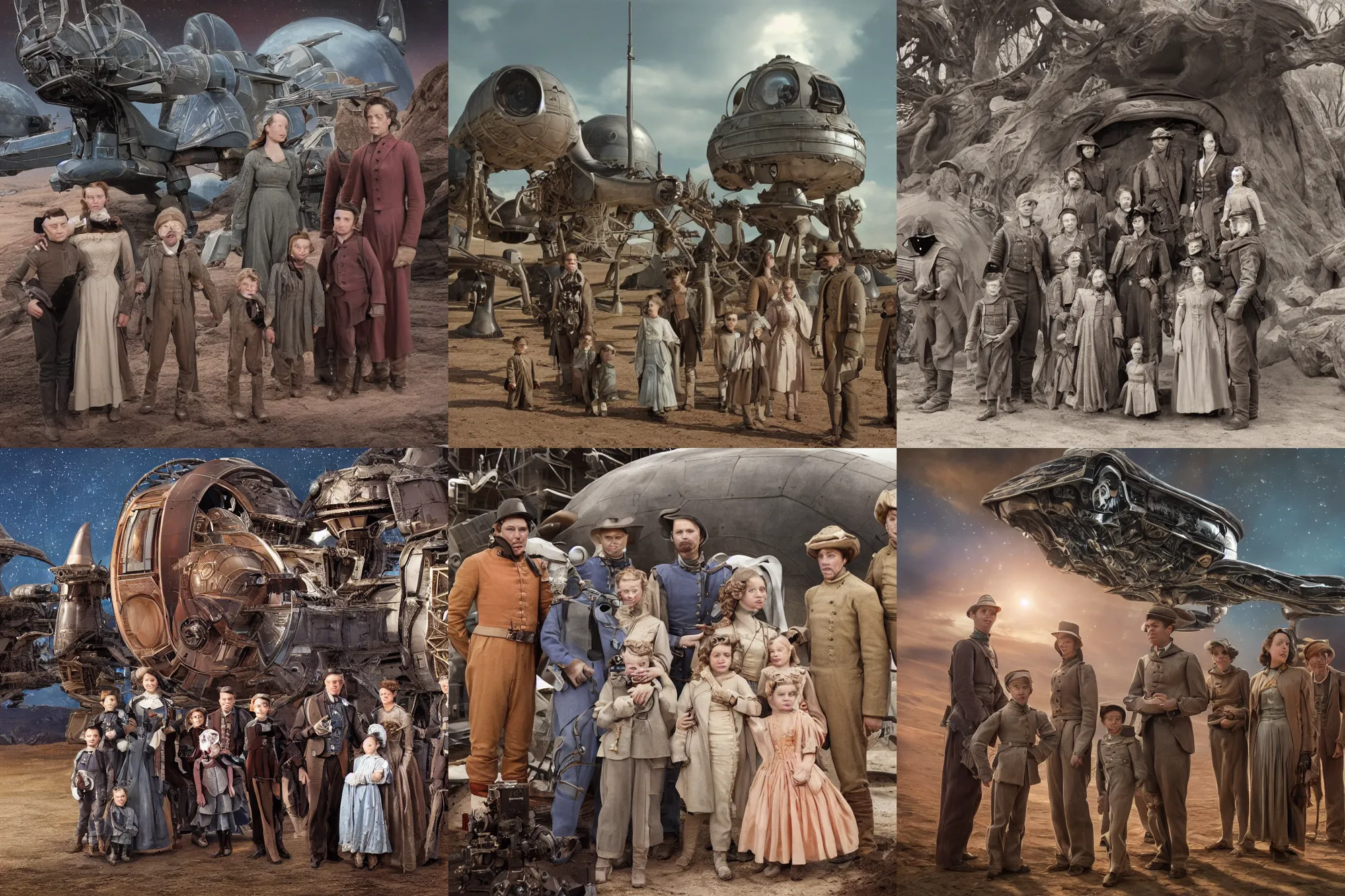 Prompt: highly detailed, 4194304k film still from a sci fi blockbuster color movie made in 2019, set in 1860, of a family standing in front of a spaceship that has just landed on an alien planet, a humanoid alien creature stands nearby, the family are all wearing 1860s era clothes, good lighting, good photography, highly detailed faces