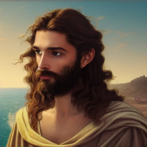 Image similar to an extremely detailed matte painting of a ridiculously good looking jesus that looks like a jewish gigachad with his 1 2 apostle entourage, long curly hair, elegant ancient greek dress, very detailed, windy beach, beautiful, intricate, cinematic, artstation, william bouguereau, alphonse mucha, greg rutkowski, rossdraws, octane render