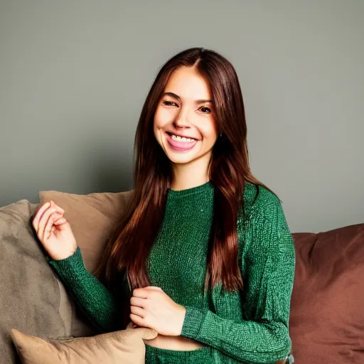 Image similar to a cute young woman smiling, long shiny bronze brown hair, full round face, green eyes, medium skin tone, light cute freckles, smiling softly, wearing casual clothing, relaxing on a modern couch, interior lighting, cozy living room background, medium shot, mid-shot, soft focus