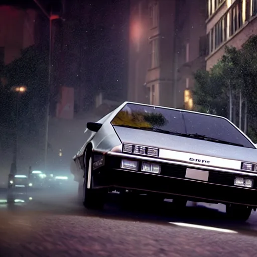 Image similar to hyperdetailed, photorealistic photograph of a dmc 1 2 delorean driving in the streets, rain, night, dense fog, hd, unreal engine 5