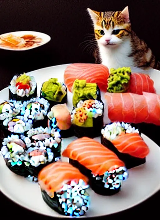 Image similar to clear photorealistic picture of adorable cats eating sushi