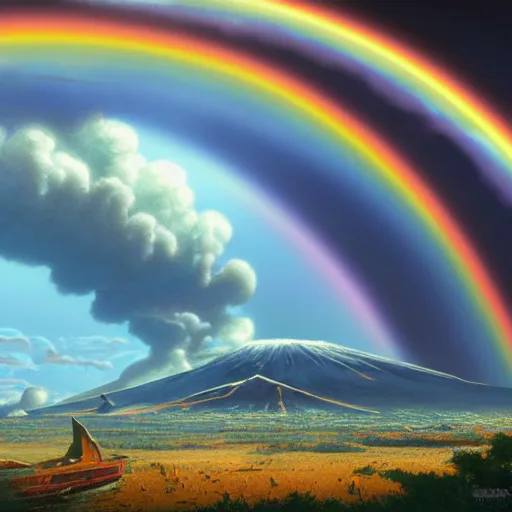 Prompt: a detailed matte painting of noah's ark, double rainbow in a clear blue sky, mount ararat, art by dan mumford and yusuke murata and makoto shinkai and ross tran, cosmic, heavenly, god rays, intricate detail, cinematic, 8 k, cel shaded, unreal engine, featured on artstation, pixiv