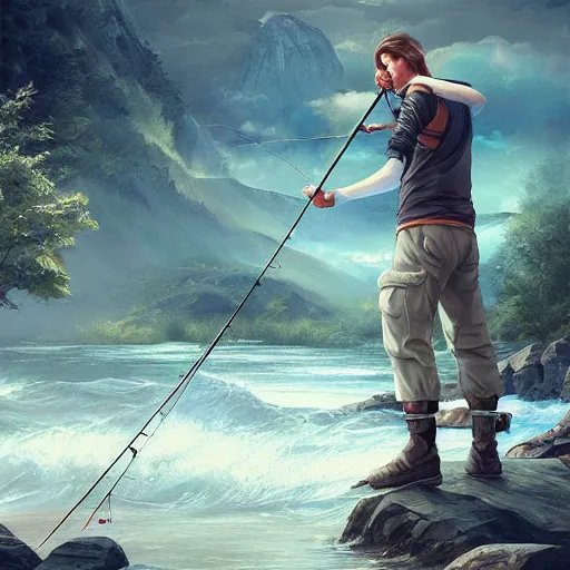 Prompt: a man carrying a fishing rod romance novel fantasy artwork epic detailed and intricate digital painting trending on artstation by wlop octane render