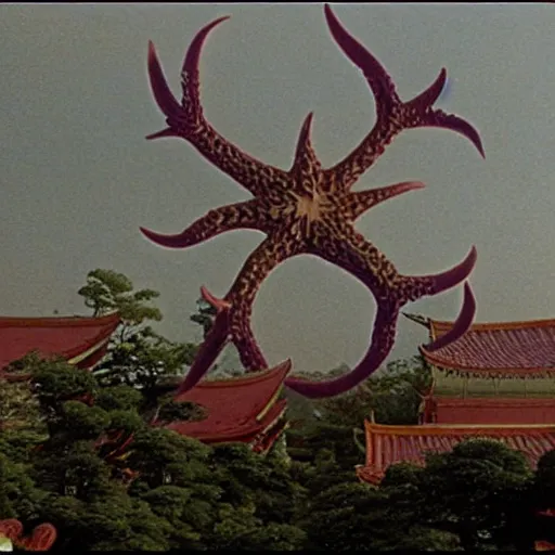 Image similar to a goryeo budhist icon of ONE giant Kaiju Starfish Monster over a traditional village, minimal cinematography by Akira Kurosawa, hyperrealistic movie filmstill, single subject, monster over city, dramatic minimal composition