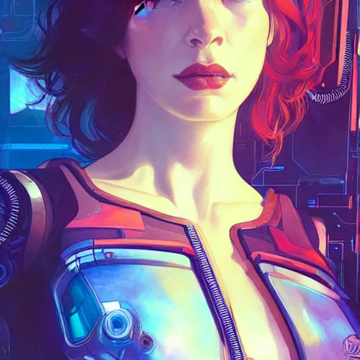 Image similar to christina hendricks wearing cyberpunk 2 0 7 7 futuristic clothing, intricate, elegant, highly detailed, digital painting, artstation, concept art, smooth, sharp focus, illustration, art by artgerm and greg rutkowski and alphonse mucha