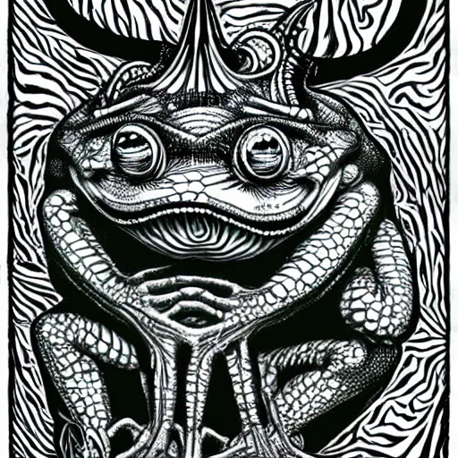 Image similar to closeup of an adorable, eldritch frog abomination of unimaginable horror by h. r. giger and junji ito, speculative evolution, psychedelic illustration, op art, sticker illustration