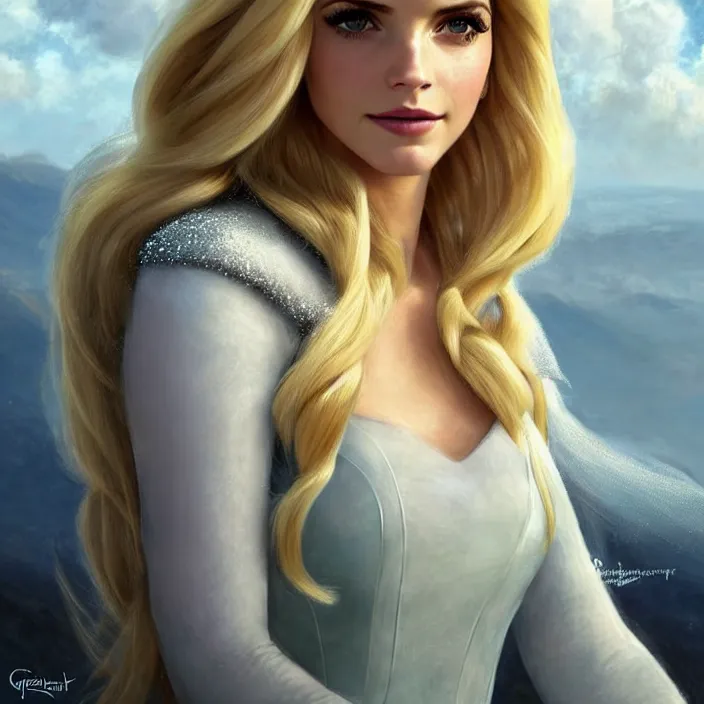 Prompt: portrait of a combination of Ashley Greene, Katheryn Winnick, Victoria Justice and Adriana Dxim, Grace Kelly, Emma Watson and Lily Collins with blonde hair as Elsa from Frozen, countryside, calm, fantasy character portrait, dynamic pose, above view, sunny day, thunder clouds in the sky, artwork by Jeremy Lipkin and Giuseppe Dangelico Pino and Michael Garmash and Rob Rey and Greg Manchess and Huang Guangjian, very coherent asymmetrical artwork, sharp edges, perfect face, simple form, 100mm