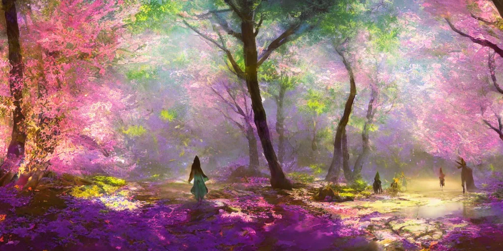 Image similar to spiritual journey through an infinite glowing colorful magical forest, sakura trees, sakura season dynamic lighting, landscape, artwork by jeremy lipkin and giuseppe dangelico pino and michael garmash and rob rey and greg manchess and huang guangjian and makoto shinkai, pixiv, 1 0 0 mm