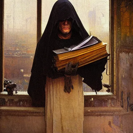 Prompt: half portait of magican wearing a closed cowl holding a big old book!, jeremy mann, jean leon gerome, alphonse mucha, greg rutkowski, hood covers his eyes, ( ( ruins of ancient rome ) ), chain on his wrist, at dusk, mysterious atmosphere, sunrays, dof, masterpiece, high detailed, 8 k